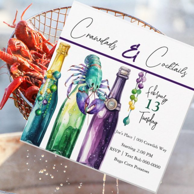 Convite Lagostas, lagostas e Cocktails Estilo Mardi Gras (Crawdads and cocktails brightly colored party invitation you customize. Mudbugs and mardi gras. )