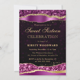 Convite Lágrimas de Glamour Roxo e Dourado Sweet Sixteen