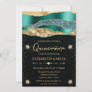 Convite Lágrimas Glam Teal e Dourado Bokeh Quinceanera
