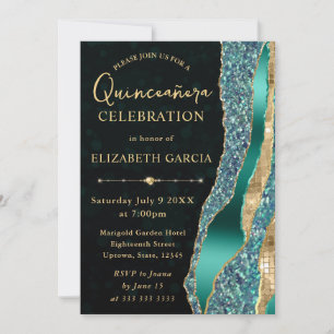 Convite Lágrimas Glam Teal e Dourado Bokeh Quinceanera