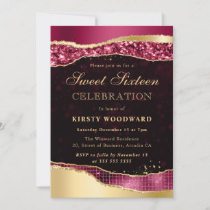 Convite Lágrimas Glamour Burgundy e Dourado Sweet Sixteen