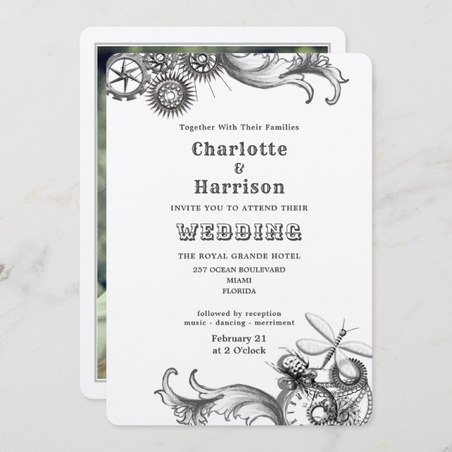 Convite Lágrimas Mecânicas Vintage Steampunk Insetos Foto  (Frente/Verso)