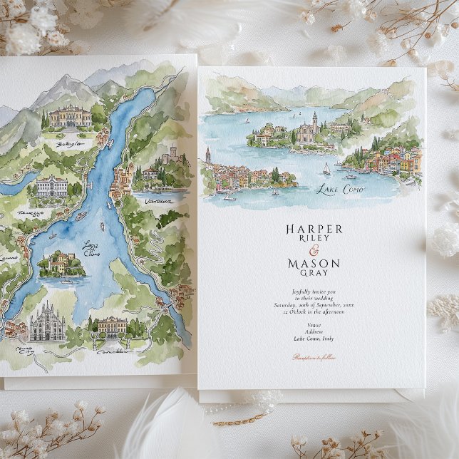 Convite Lake Como Watercolor Panorama Map Wedding (Criador carregado)