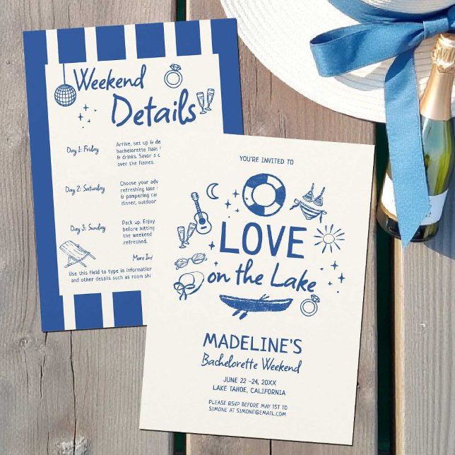 Convite Lakehouse Bachelorette Party Love Lake Blue Stripe (lakehouse bachelorette party weekend invitation love on the lake lakeside bride hand drawn blue)