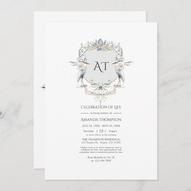 Convite Lakeside Monograma Laurel Crest Celebração da Vida (Frente/Verso)