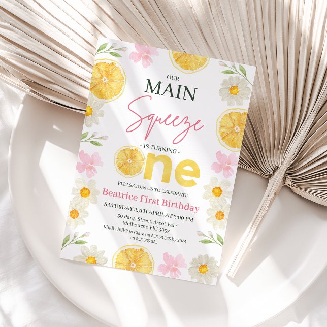Convite Lamão Amarelo Fatias Nosso primeiro aniversario De (Main Squeeze 1st Birthday Invitation Baby Girl, Lemon Themed 1st Birthday Invitation Template Summer)