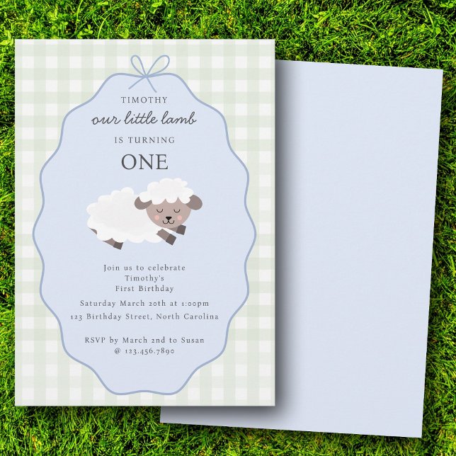 Convite Lamb Farm Party Animals Boys 1st Birthday Blue (Lamb Farm Party Animals Boys 1st Birthday Blue Invitation)