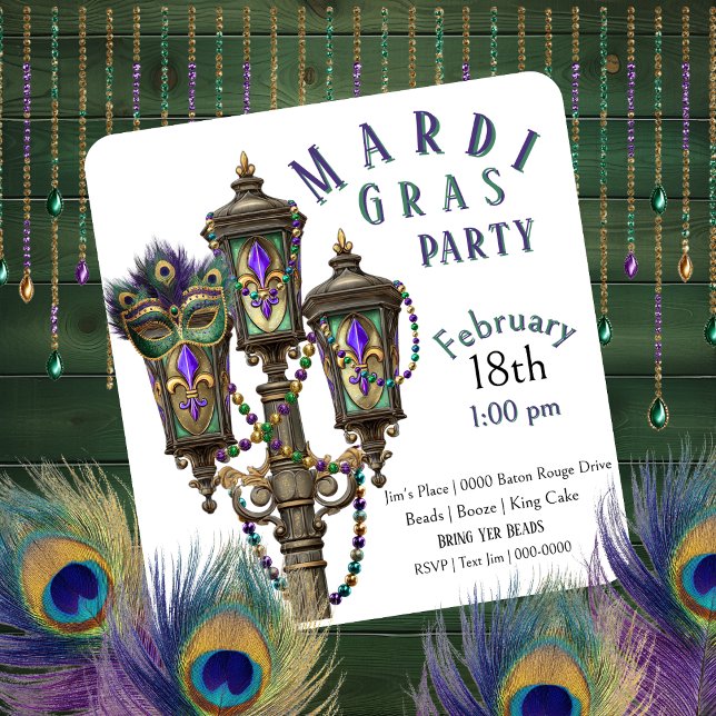 Convite Lâmpada a Gás | Contas de Mardi Gras | Máscara  (Gas lamp and Mardi Gras beads party invitation you can fully customize. )