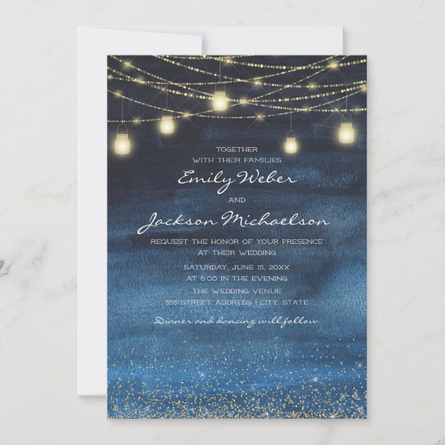 Convite Lâmpada de Corda Glitter Dourado Azul Bodas (Frente)