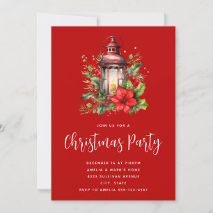 Convite Lâmpada de Natal Vermelha, Poinsettia e Festa de P