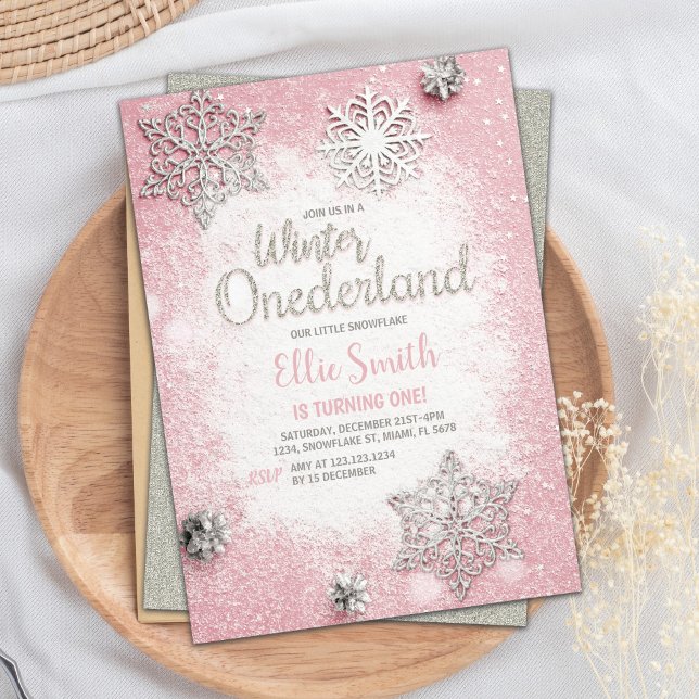 Convite Lâmpada de Prata Rosa Personalizável - Terra do in (Pink Silver Glitter Winter ONEderland Invitations)