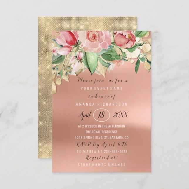 Convite Lâmpada de Rosa Dourada verde com ventilador do ch (Frente/Verso)