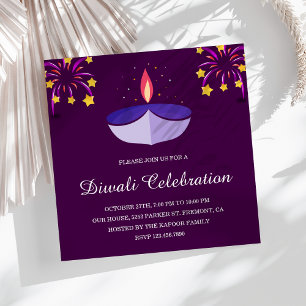 Convite Lâmpada Diya Indiana Elegante Roxa Festa Diwali