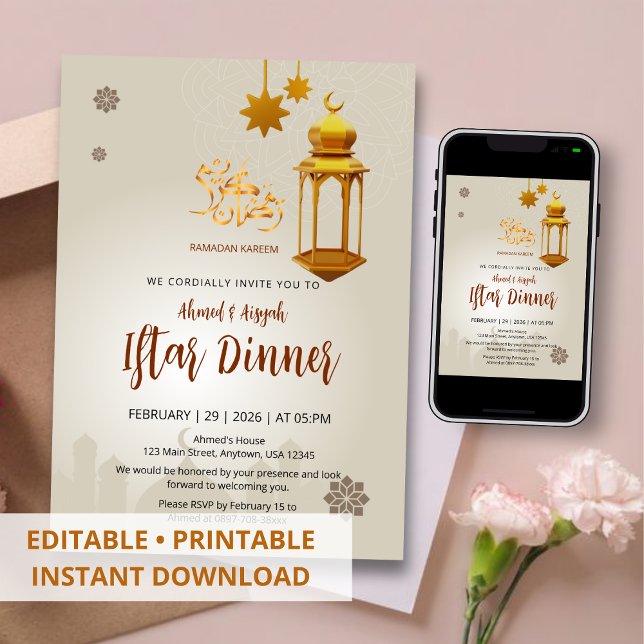Convite Lâmpada Dourada Bege e Mesquita Ramadan Iftar (Criador carregado)
