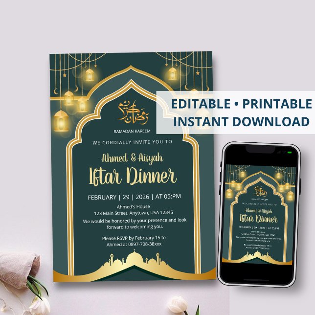 Convite Lâmpada Elegante de Iftar do Ramadão em Azul Turqu (Criador carregado)