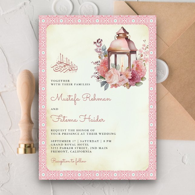 Convite Lâmpada Floral Rosa Rústica Casamento Muçulmano (Criador carregado)