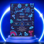 Convite Lâmpada laser de neon dos anos 80 Doce tijolo azul<br><div class="desc">Um legal e moderno brilho laser de neon dos anos 80 Sweet 16 na parede de tijolos azuis marinhos com sinal elétrico de ilustração azul neon de flamingo, óculos de sol, beijo, abacaxi, arco-íris, corações, flores. lua, skates de rolo, bola de disco e muito mais. Perfeito para brilhar na escuridão,...</div>