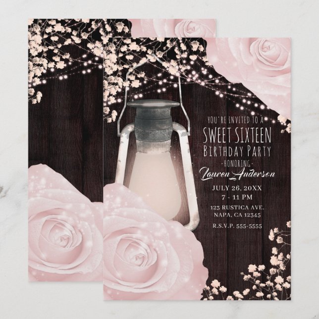 Convite Lâmpada Rustic Glow Bebê Rosas Rosa Doce 16 (Frente/Verso)
