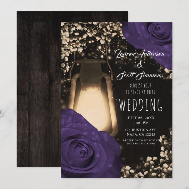 Convite Lâmpada Rustic Glow Cor Berinjela Rosas Casamento  (Frente/Verso)