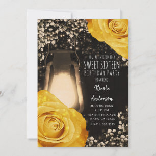 Convite Lâmpada Rustic Glow Dourado Amarelo Rosas Sweet 16