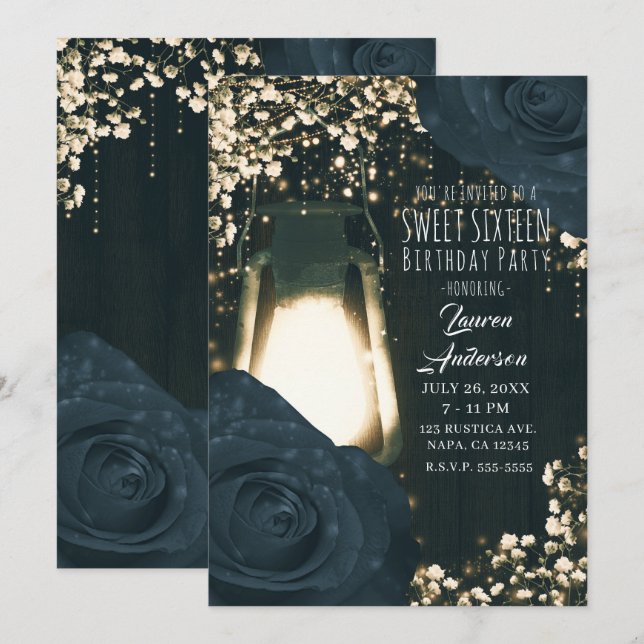 Convite Lâmpada Rustic Glow e Rosas Azuis Pretas Sweet 16 (Frente/Verso)