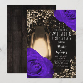 Convite Lâmpada Rustic Glow e Rosas Roxas Violeta Sweet 16