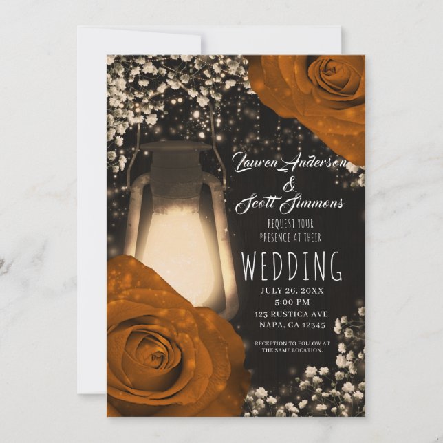 Convite Lâmpada Rustic Glow Laranja Spice Roses Casamento  (Frente)