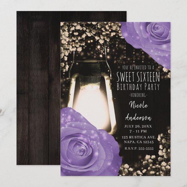 Convite Lâmpada Rustic Glow Lavanda Roxo Rosas Sweet 16 (Frente/Verso)