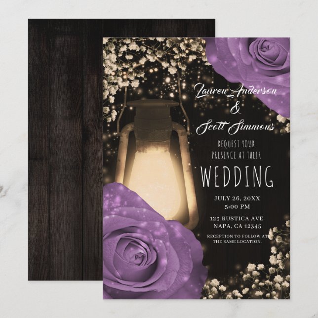 Convite Lâmpada Rustic Glow Lilás Rosas Roxas Casamento (Frente/Verso)