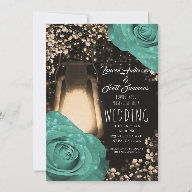 Convite Lâmpada Rustic Glow Mint Green Roses Casamento  In (Frente)