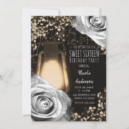 Convite Lâmpada Rustic Glow Prata Cinza Rosas Sweet 16