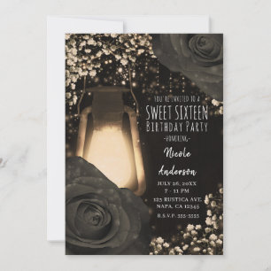 Convite Lâmpada Rustic Glow Preto Quente Rosas Sweet 16