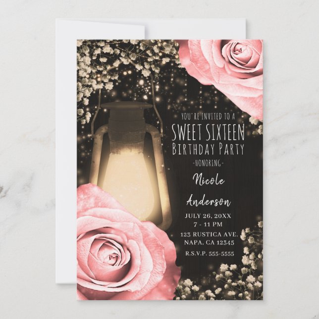 Convite Lâmpada Rustic Glow Rosa Bege Rosas Sweet 16  (Frente)
