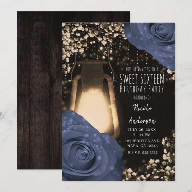 Convite Lâmpada Rustic Glow & Rosas Azuis Steele Sweet 16 (Frente/Verso)