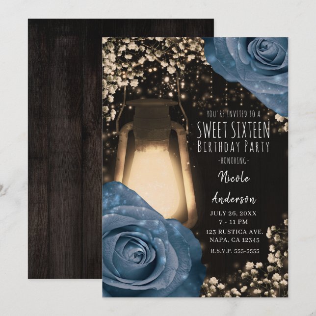 Convite Lâmpada Rustic Glow Rosas Azul Sujo Sweet 16 (Frente/Verso)