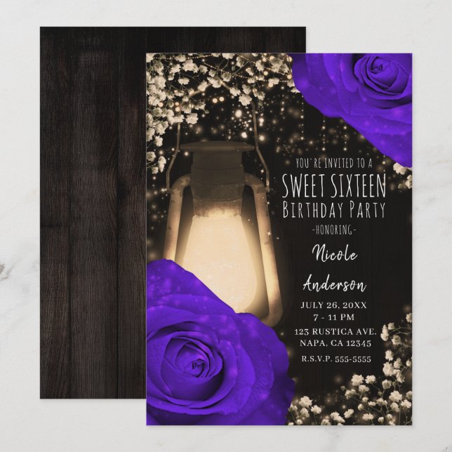 Convite Lâmpada Rustic Glow & Rosas Roxas Violetas Sweet 1 (Frente/Verso)