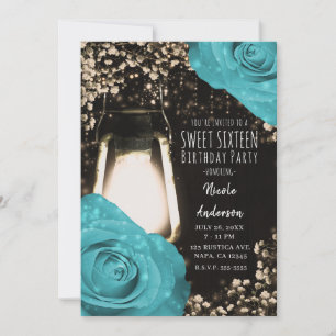 Convite Lâmpada Rustic Glow Turquesa Azul Rosas Sweet 16