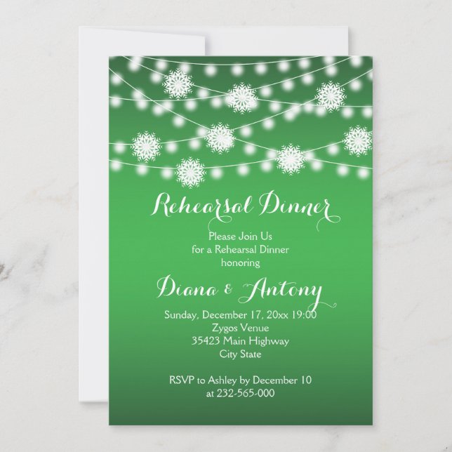 Convite Lâmpadas de cordas, flocos de neve janto de ensaio (Frente)