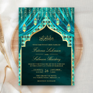 Convite Lâmpadas Douradas Cortina Azul-Musulmana Casamento