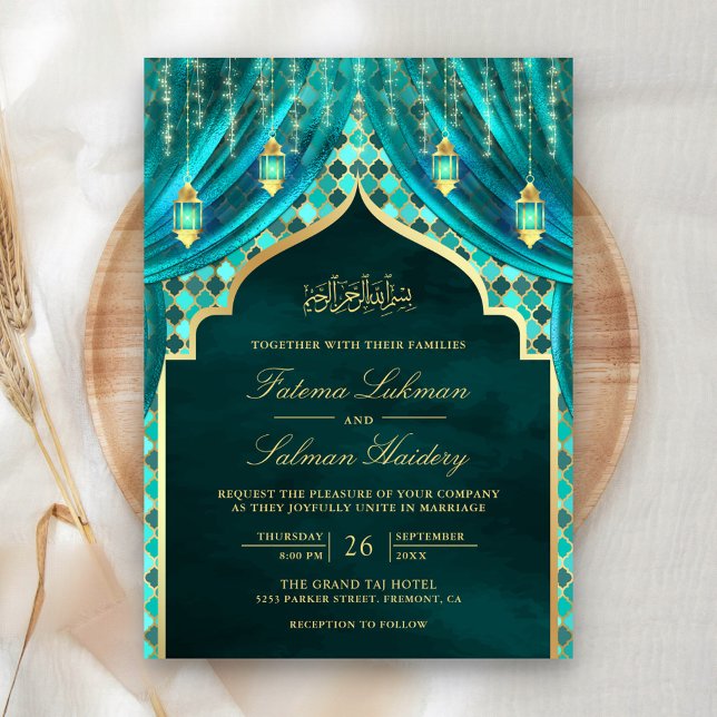 Convite Lâmpadas Douradas Cortina Azul-Musulmana Casamento (Criador carregado)