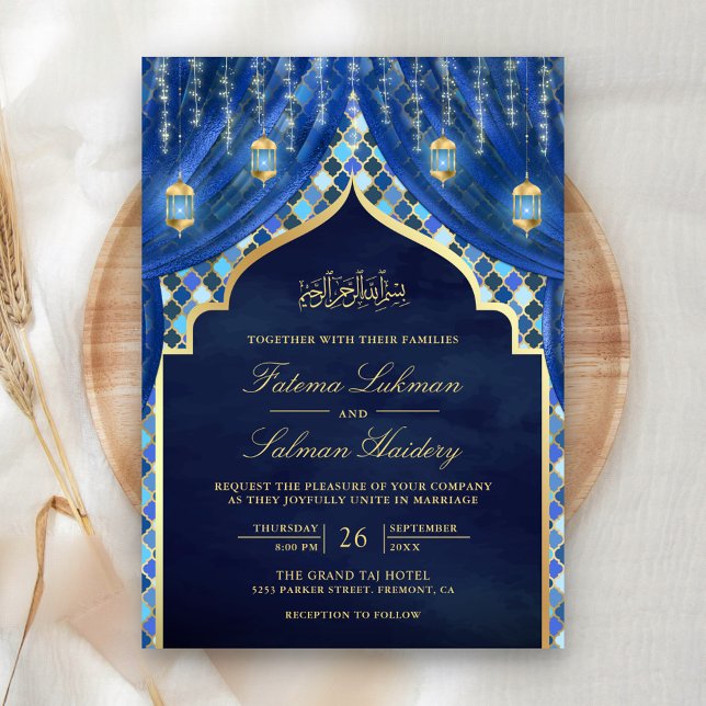 Convite Lâmpadas Douradas Cortina Azul Real Casamento Muçu (Criador carregado)