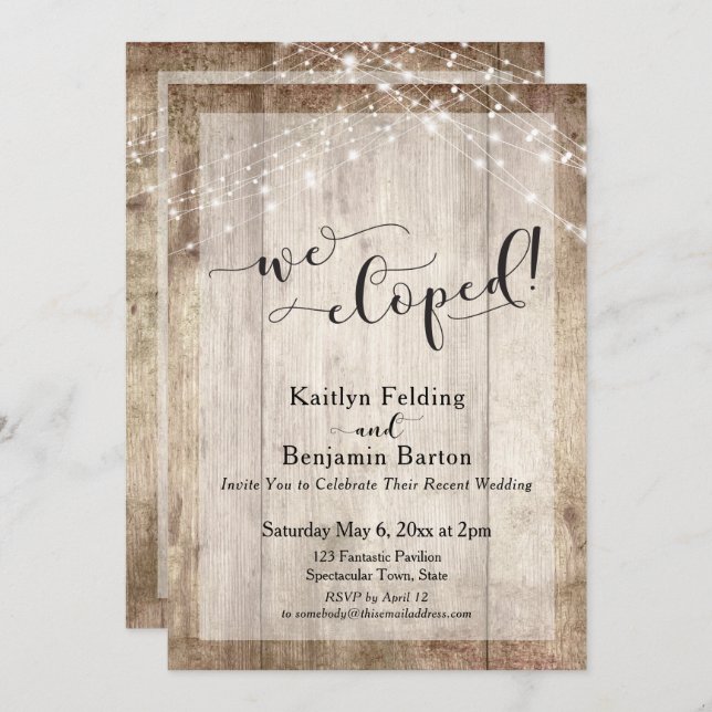 Convite Lâmpadas E Madeira Rústica, Nós Elopamos, Recepção (Frente/Verso)