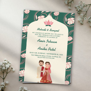 Convite Lâmpadas Elegantes de Lótus Verde Mehndi Sangeet I