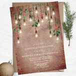 Convite Lâmpadas Vintage Brick Natal Holly Snow<br><div class="desc">Tema da festa de Natal com lâmpadas edison vintage com holly e evergreen sobre um fundo de tijolos com neve.</div>