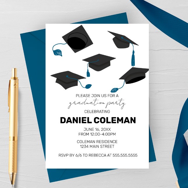 Convite Lançamento de Boina de Formatura Moderna Festa de  (Blue Tassel Hat Toss Graduation Party invitation)
