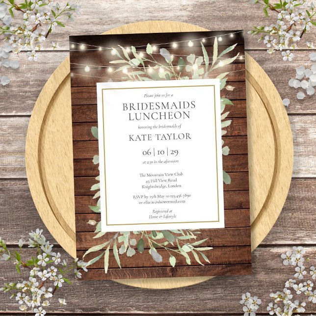 Convite Lanche das Damas de Honra com Luzes de Corda Rústi (Rustic String Lights Greenery Bridesmaids Luncheon Invitation)