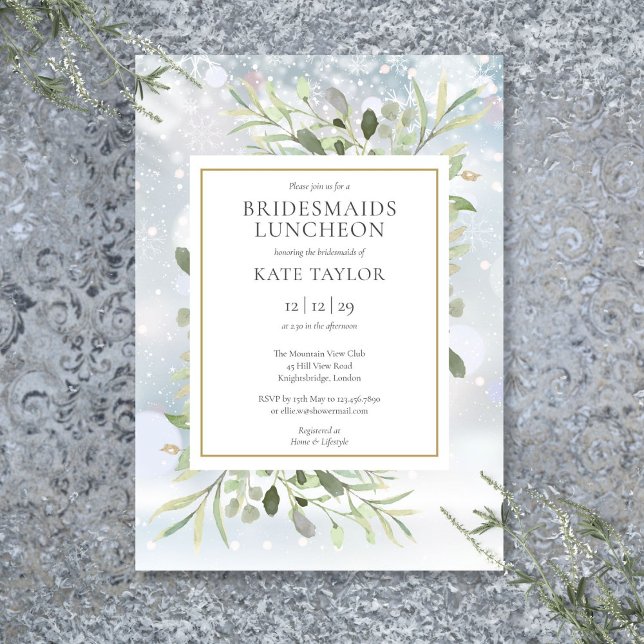 Convite Lanche das Damas de Honra Folhagem de Neve de Inve (Winter Snowflakes Greenery Bridesmaids Luncheon Invitation)