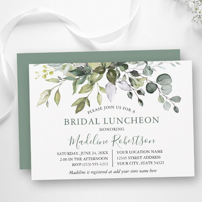 Convite Lanche de Noiva com Vegetação em Aquarela Verde Sa (Customize to change text size, color, text style or color of back of card.)