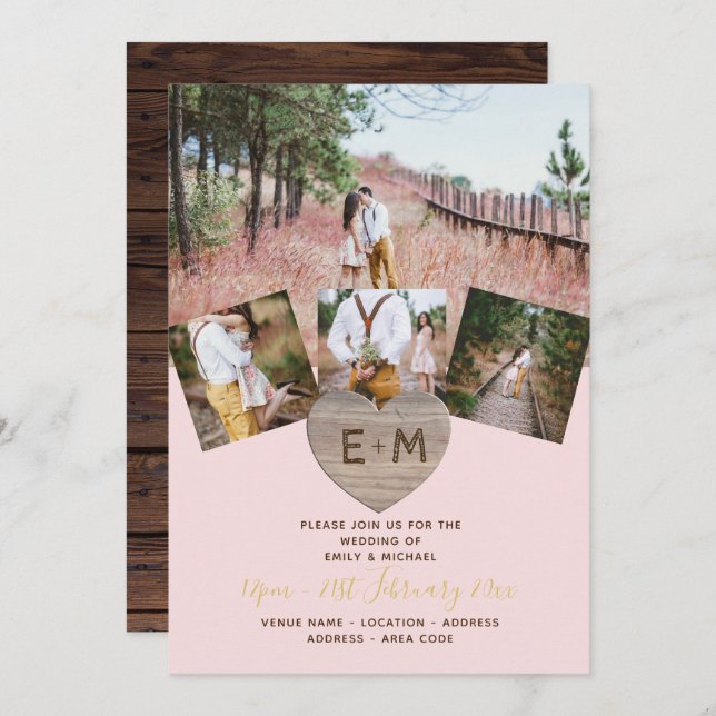 Convite LÂNGULO DE FOTOGRAFIA Cardíaca Rústica em Madeira (Frente/Verso)