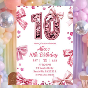 Convite Lantejoulas Arco Rosa Dígitos Duplos 10 Aniversári